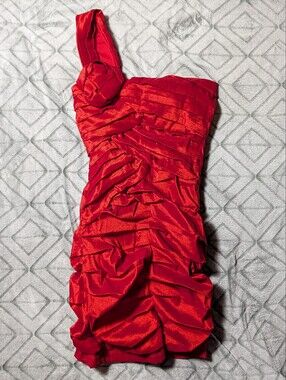 City Triangles Red One-Shoulder Ruched Satin Dress